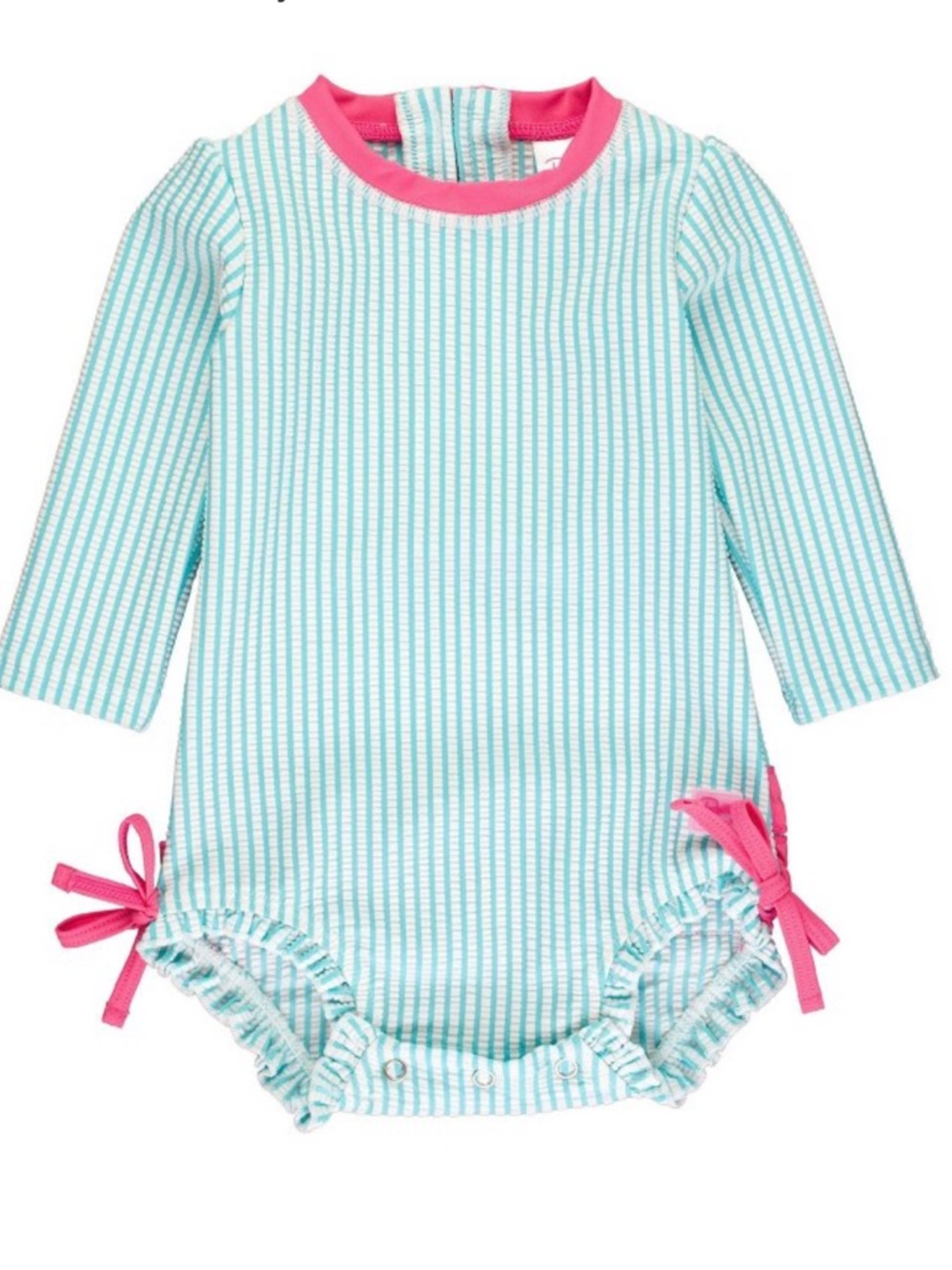 RuffleButts Infant Seersucker Long Sleeve One Piece Rash Guard Aqua/Pink 0-3 mon